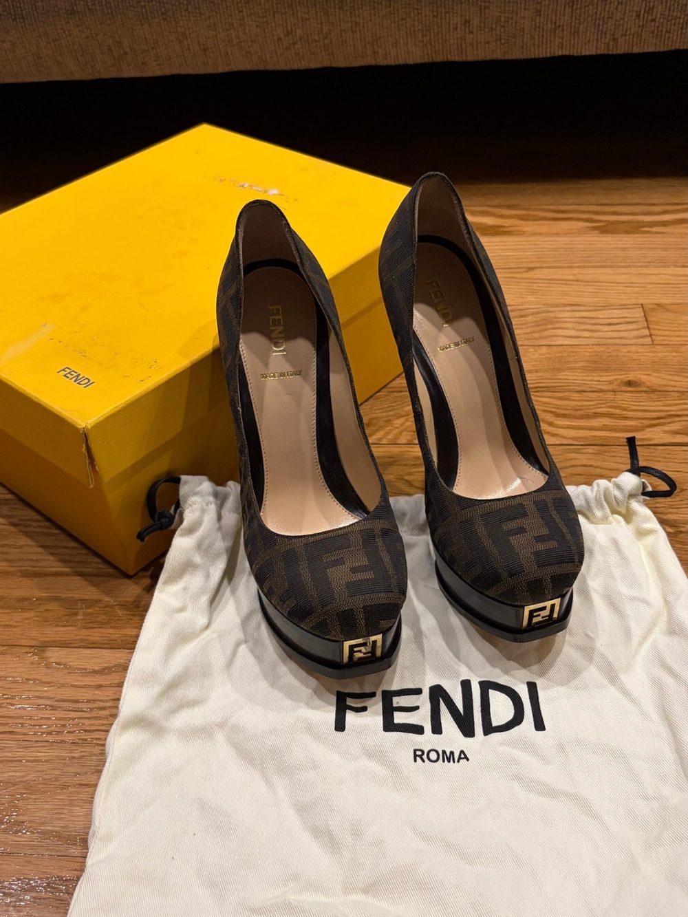 Fendi Brown FF Monogram Platform Pumps with Gold Logo Accent
